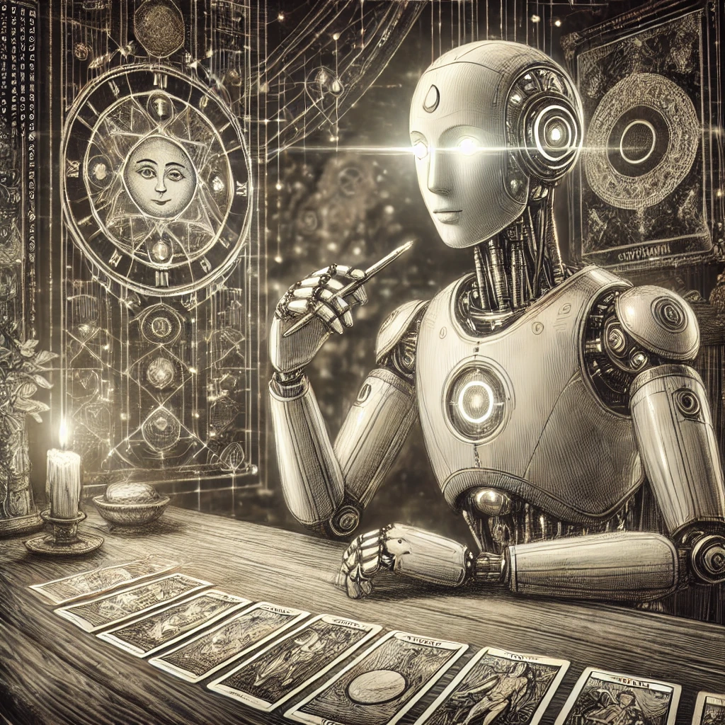 Ilustración de un robot futurista con ojos iluminados, sentado en una mesa mientras realiza una lectura de cartas de tarot. La escena está ambientada en un entorno místico, con símbolos esotéricos, una vela encendida, y un reloj astrológico en el fondo. El robot parece estar concentrado, sosteniendo un objeto en su mano mientras examina las cartas de tarot dispuestas frente a él. La imagen combina lo tecnológico y lo espiritual en un estilo detallado y enigmático.