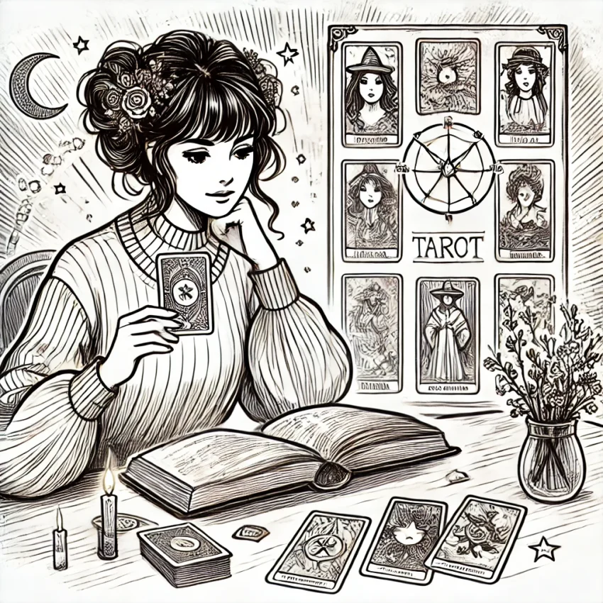 Ilustración en blanco y negro de una mujer joven sosteniendo una carta de tarot mientras consulta un libro grande. A su alrededor, hay más cartas de tarot sobre la mesa y un tablero de tarot con diferentes cartas detrás de ella. En la mesa también hay velas encendidas y un jarrón con flores. La escena transmite un ambiente de introspección y meditación.